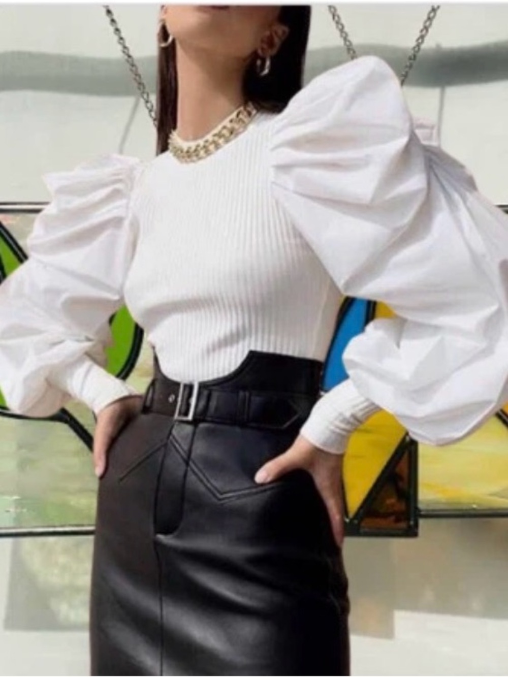 Zara Cream Ribbed Puff-Sleeve Knit Top